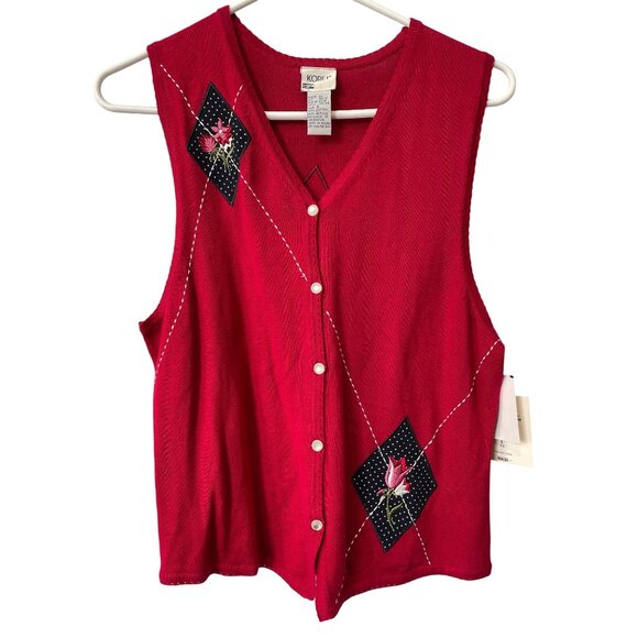 Vintage 90s Koret Sweater Vest Size Small Argyle Floral Embroidery Deadstock NEW - Picture 1 of 7